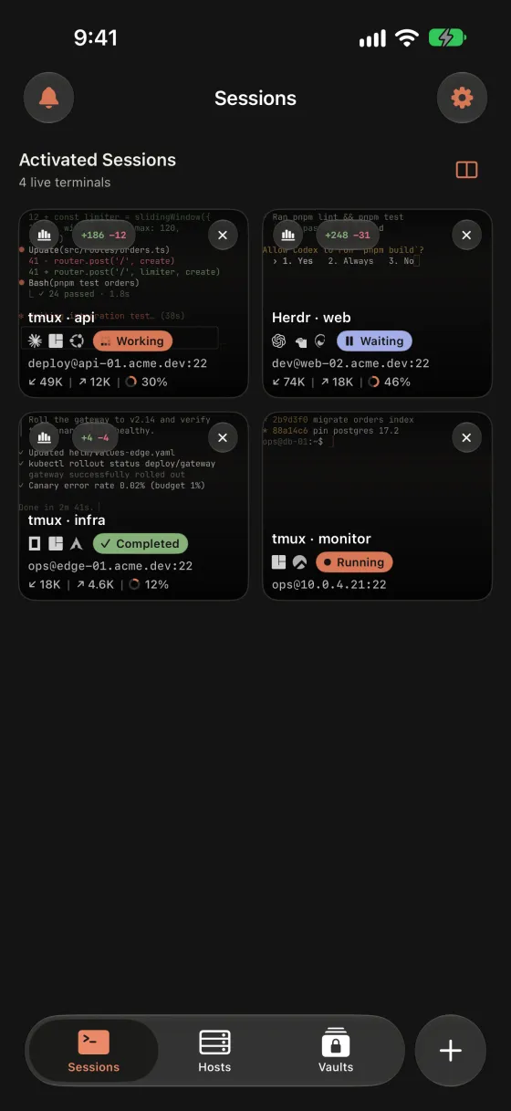 Warpeer for iPhone showing four live tmux and Herdr sessions with agent state, endpoints, token usage and git changes.