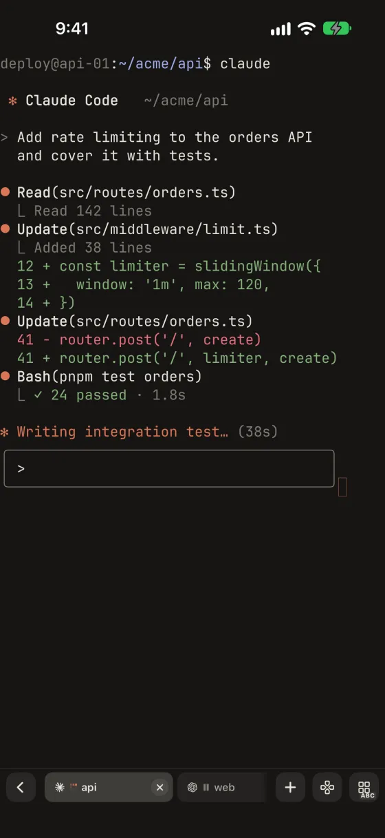 Claude Code running in a remote tmux session inside Warpeer for iPhone.