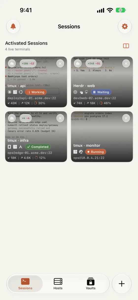 Warpeer for iPhone showing four live tmux and Herdr sessions with agent state, endpoints, token usage and git changes.