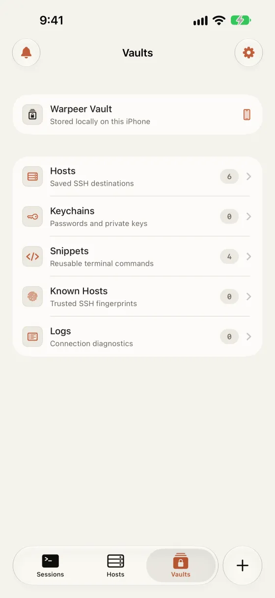 Warpeer Vault with hosts, keychains, snippets, known hosts and logs stored on the iPhone.