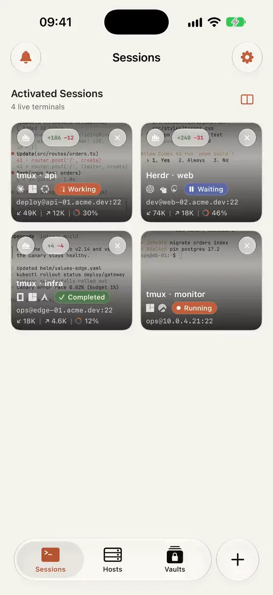 Warpeer for iPhone opening a Claude Code session from Home, swiping to a Codex session and returning to the session list.
